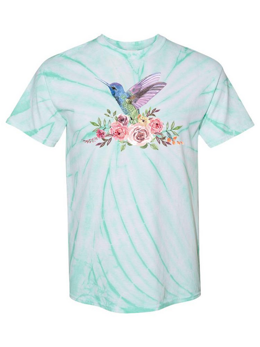 Hummingbird With Flowers Tie Dye T-Shirt