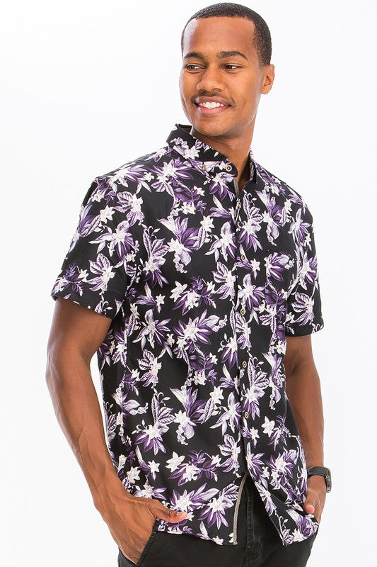 Mens Print Hawaiian Button Down Shirt - Up To 3XL