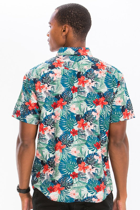 Mens Print Hawaiian Button Down Shirt - Up To 3XL