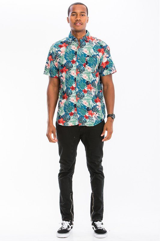 Mens Print Hawaiian Button Down Shirt - Up To 3XL