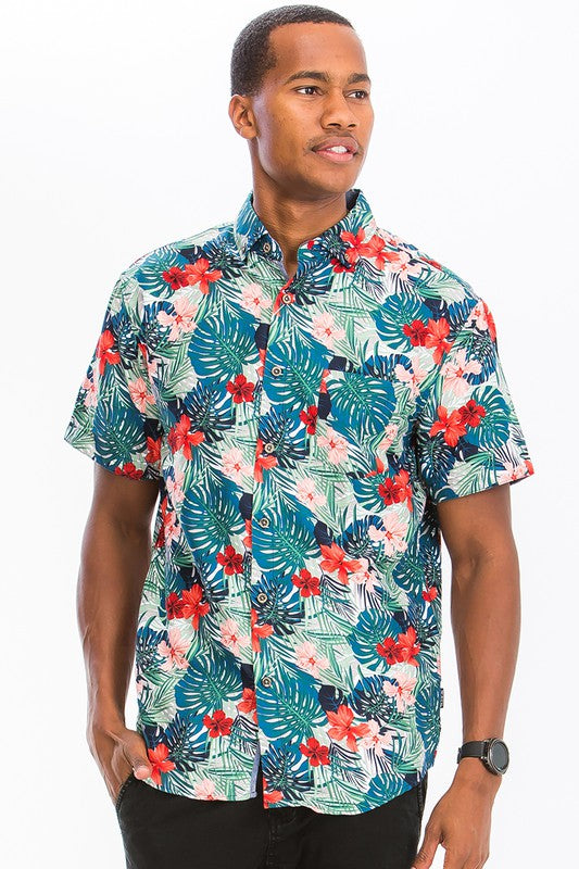 Mens Print Hawaiian Button Down Shirt - Up To 3XL