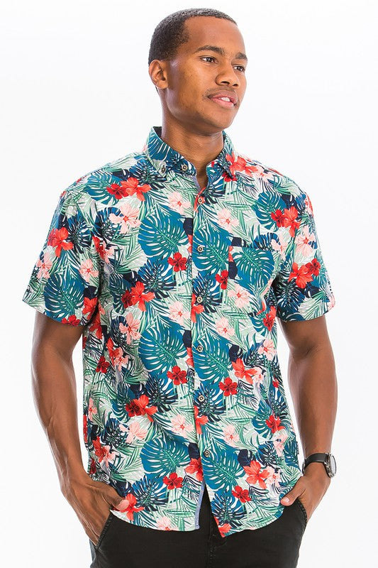 Mens Print Hawaiian Button Down Shirt - Up To 3XL