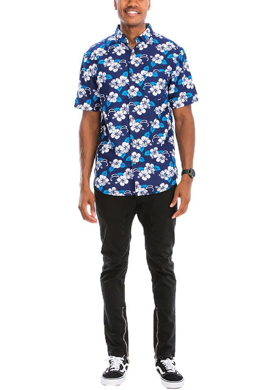 Mens Print Hawaiian Button Down Shirt