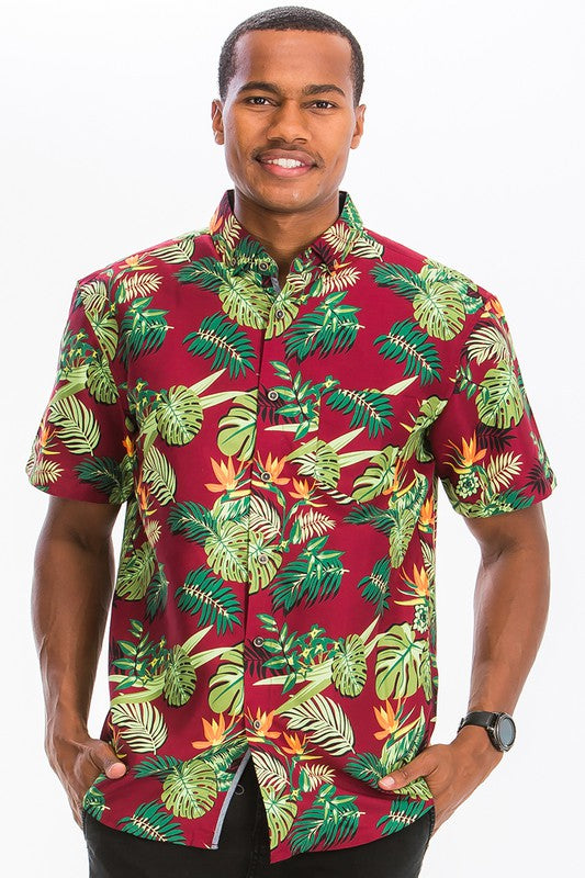 Mens Print Hawaiian Button Down Shirt - Up To 3XL