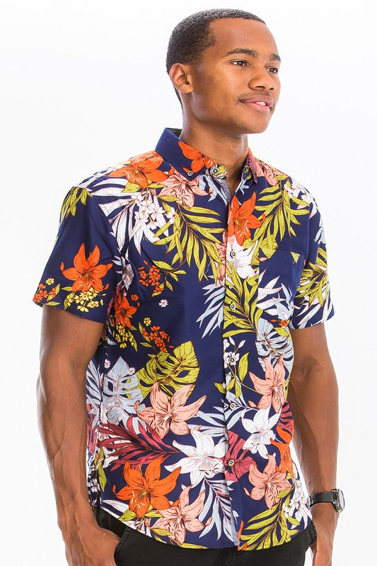 Men's Print Hawaiian Button-Down Shir - Up To 2XL