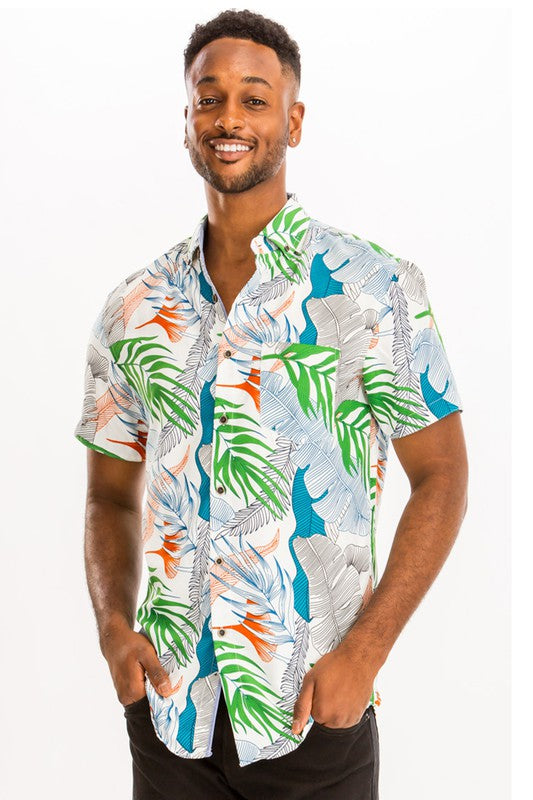 Mens Print Hawaiian Button-Down Shirt - Up To 3XL