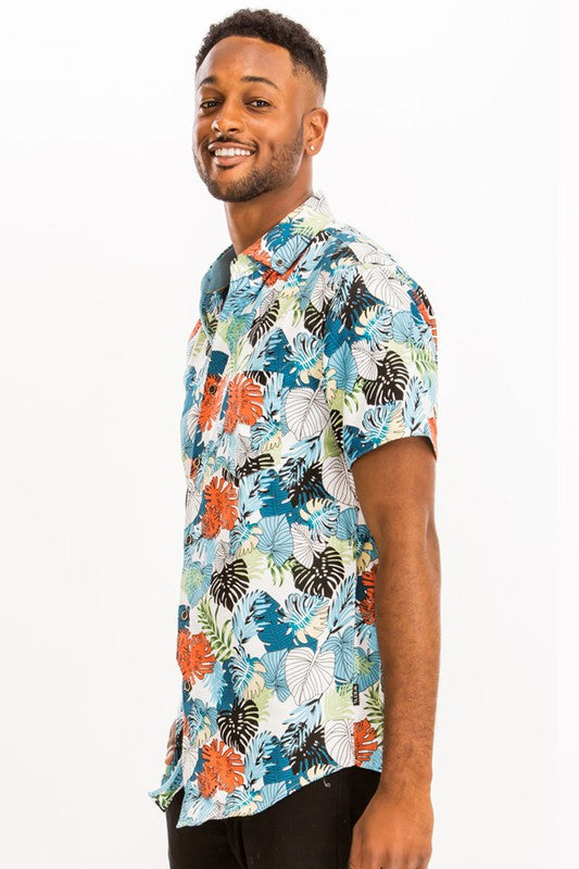 Mens Print Hawaiian Button Down Shirt - Up To 3XL