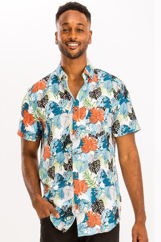 Mens Print Hawaiian Button Down Shirt - Up To 3XL