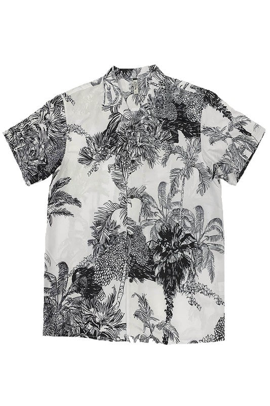 MENS WHITE BLACK PRINT BUTTON DOWN SHIRT - Up To 2XL