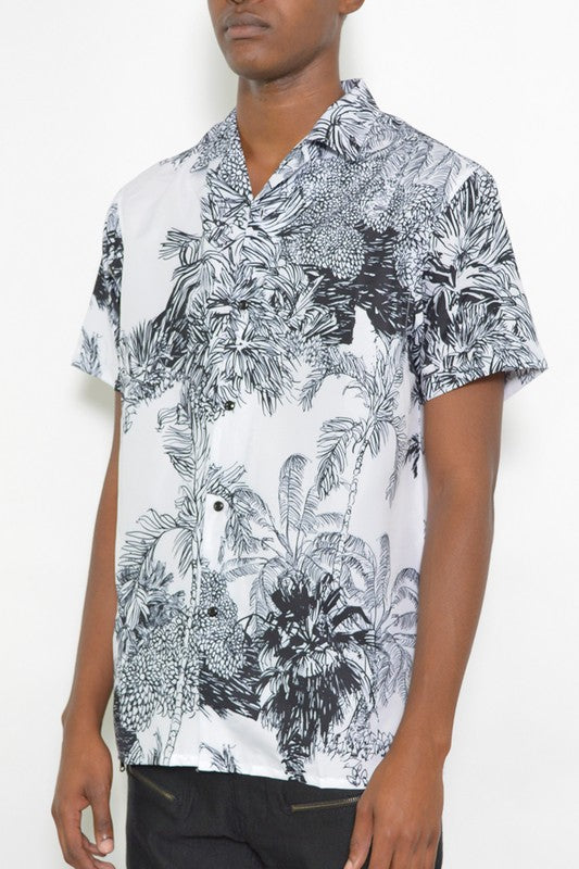 MENS WHITE BLACK PRINT BUTTON DOWN SHIRT - Up To 2XL