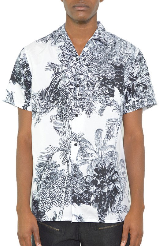 MENS WHITE BLACK PRINT BUTTON DOWN SHIRT - Up To 2XL