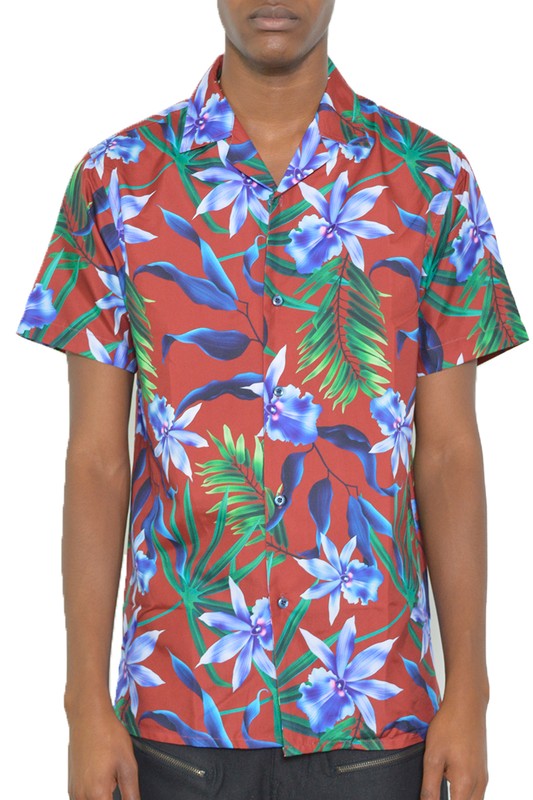 MENS TROPICAL RED BUTTON DOWN SHIRT PRINT - UP TO 2XL