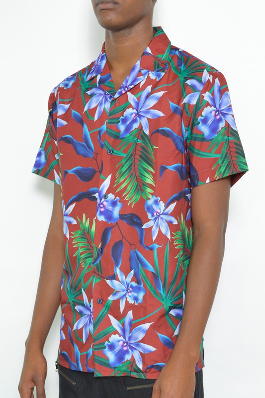 MENS TROPICAL RED BUTTON DOWN SHIRT PRINT - UP TO 2XL