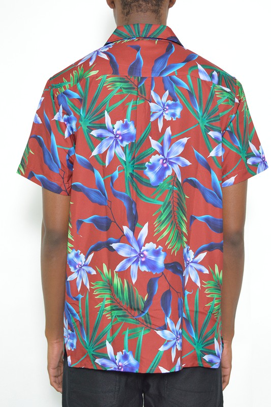 MENS TROPICAL RED BUTTON DOWN SHIRT PRINT - UP TO 2XL