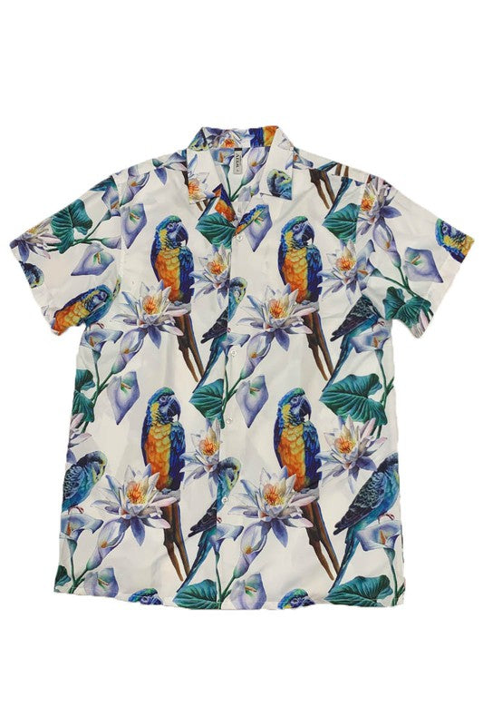 MENS TUCAN PARROT PRINT RESORT BUTTON DOWN SHIRT - UP TO 2XL