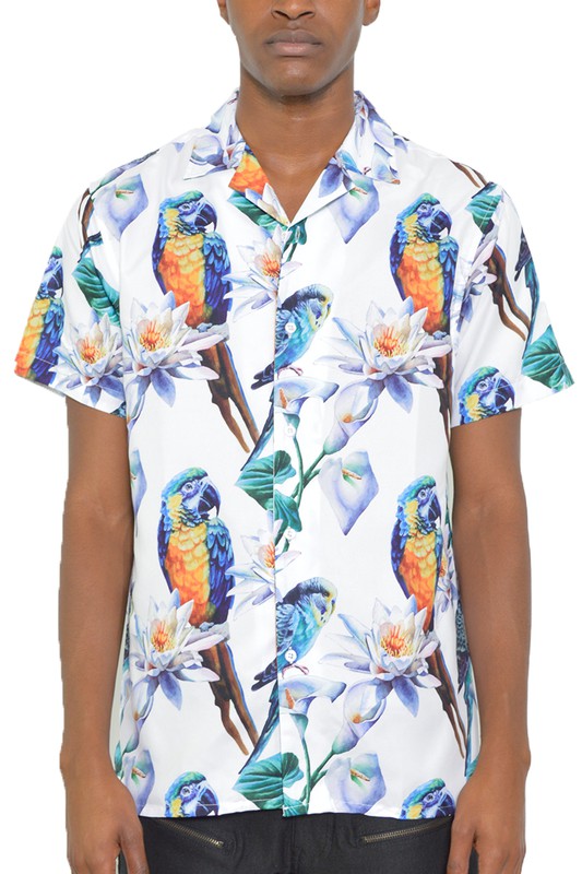 MENS TUCAN PARROT PRINT RESORT BUTTON DOWN SHIRT - UP TO 2XL