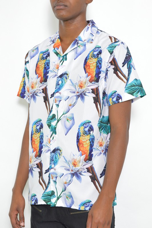 MENS TUCAN PARROT PRINT RESORT BUTTON DOWN SHIRT - UP TO 2XL