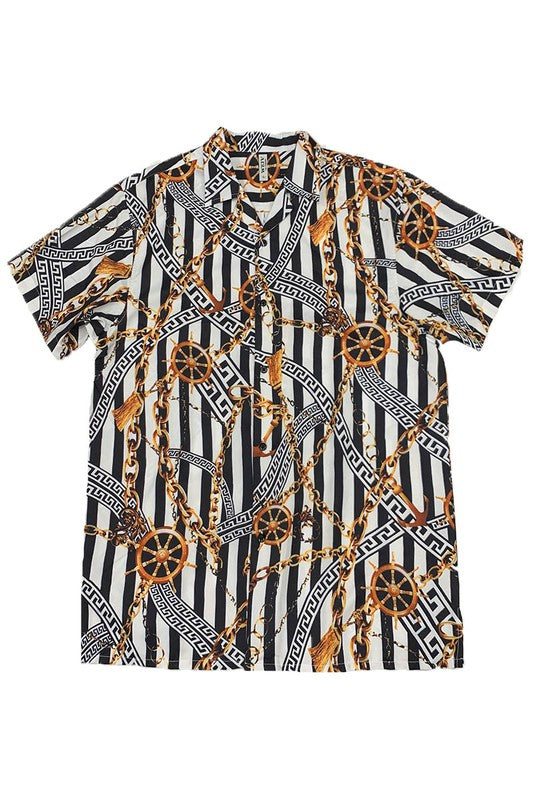 MENS GOLD CHAIN STATUS PRINT BUTTON DOWN SHIRT - Up To 2XL