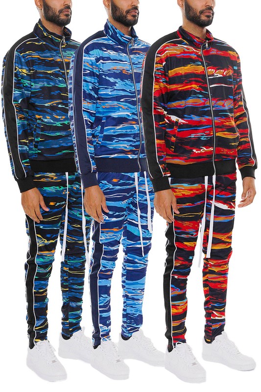 MENS PRINT FULL ZIP TRACK SUIT SET, 3 COLOR OPTIONS UP TO 3XL