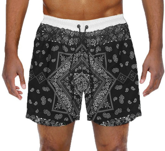 Paisley Bandana Print Swim Trunks Board Shorts - Up To Size 3XL