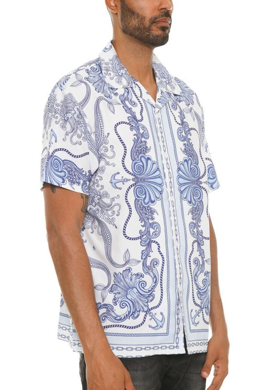 Men's Collared Print Button Down Short Sleeved Shirt Up To 3XL