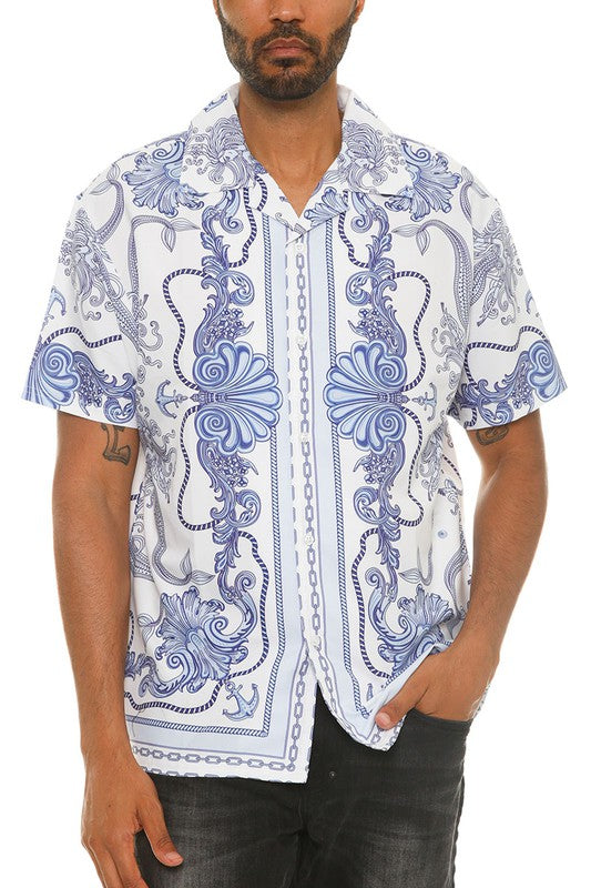 Men's Collared Print Button Down Short Sleeved Shirt Up To 3XL