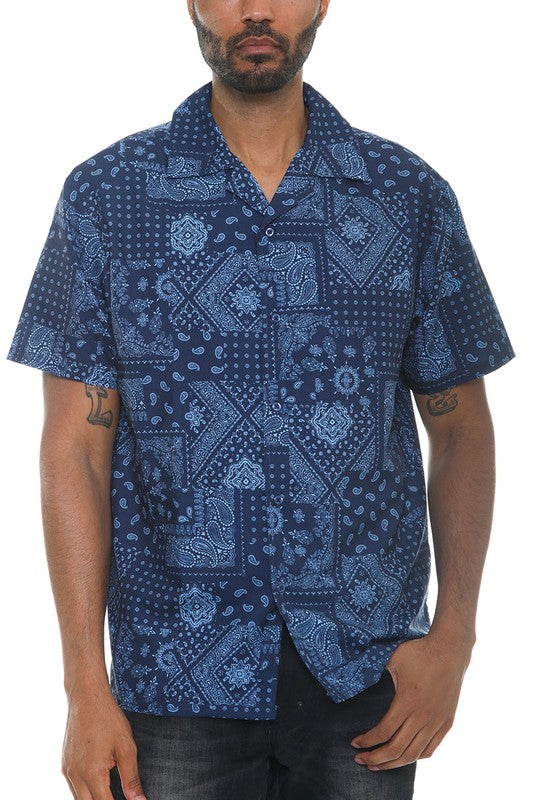 Mens Collared Print Button Down Short Sleeved Shirt - Up To 3XL