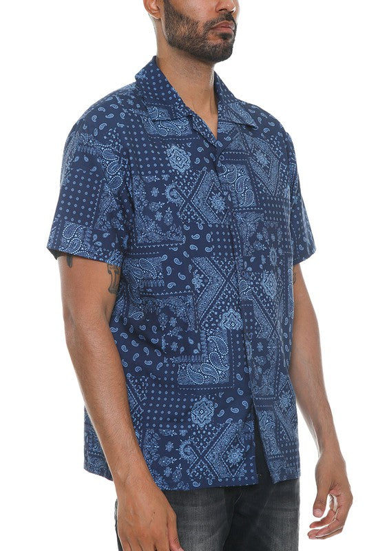 Mens Collared Print Button Down Short Sleeved Shirt - Up To 3XL