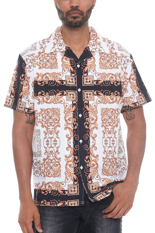 Mens Collared Print Button Down Short Sleeved Shirt - Up To 3XL