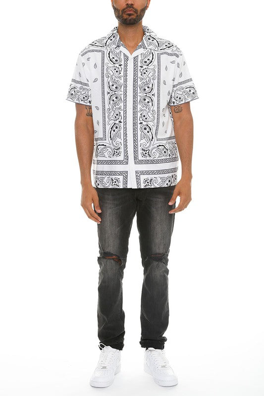 Mens Collared Print Button Down Short Sleeved Shirt Up To 3XL