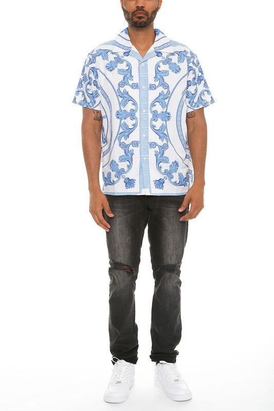 Mens Collared Print Button Down Short Sleeved Shirt - Up To 3XL