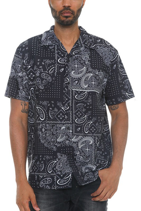 Mens Collared Print Button Down Short Sleeved Shirt - Up To 3XL