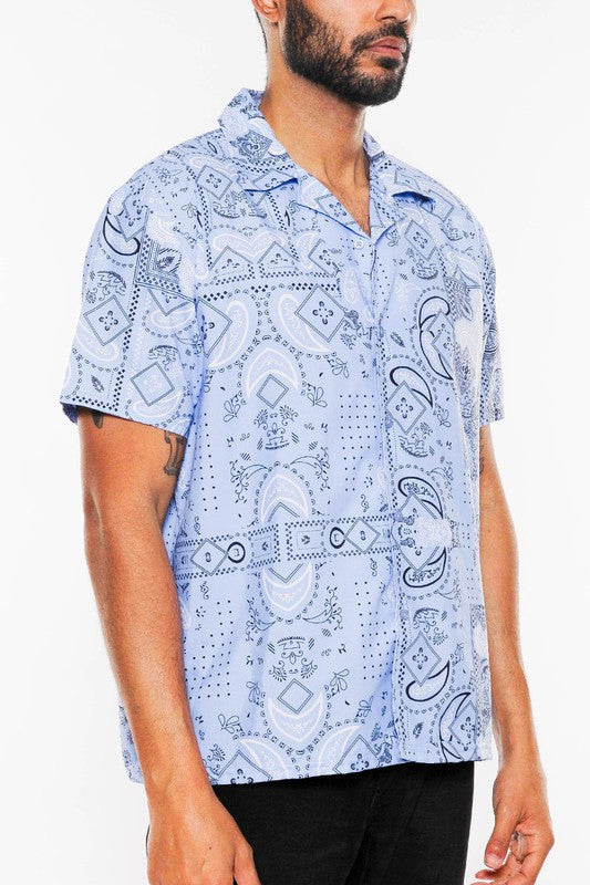 Mens Collared Print Button Down Short Sleeved Shirt Up To 3XL