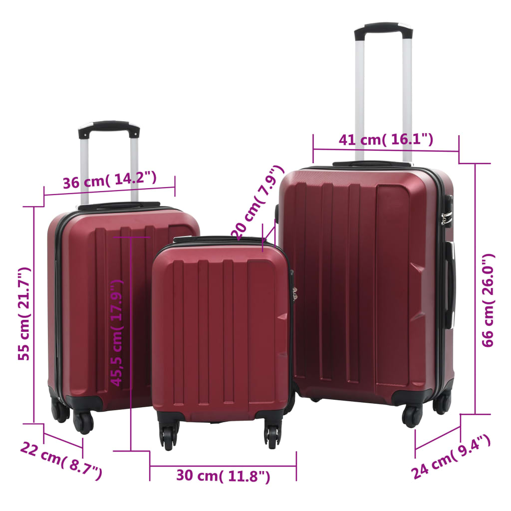 3 Piece VidaXL Hardcase Trolley Set Wine Red ABS