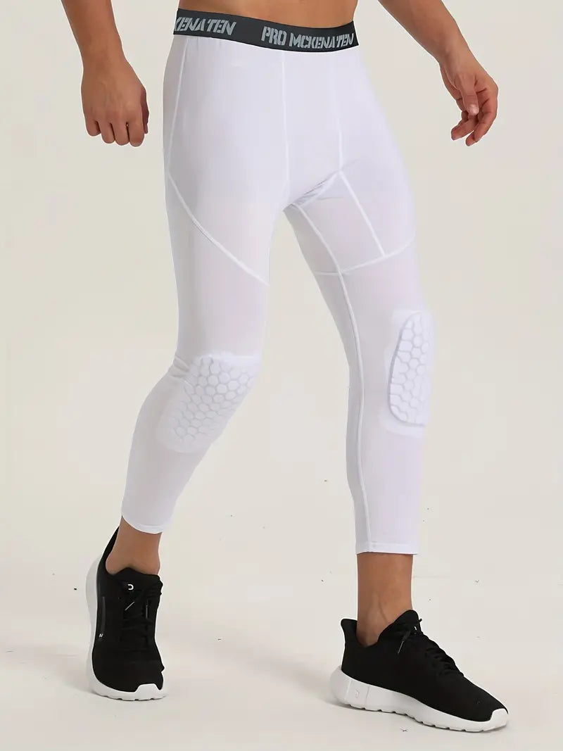 High Stretch Compression Leggins with Honeycomb Knee Pads-White