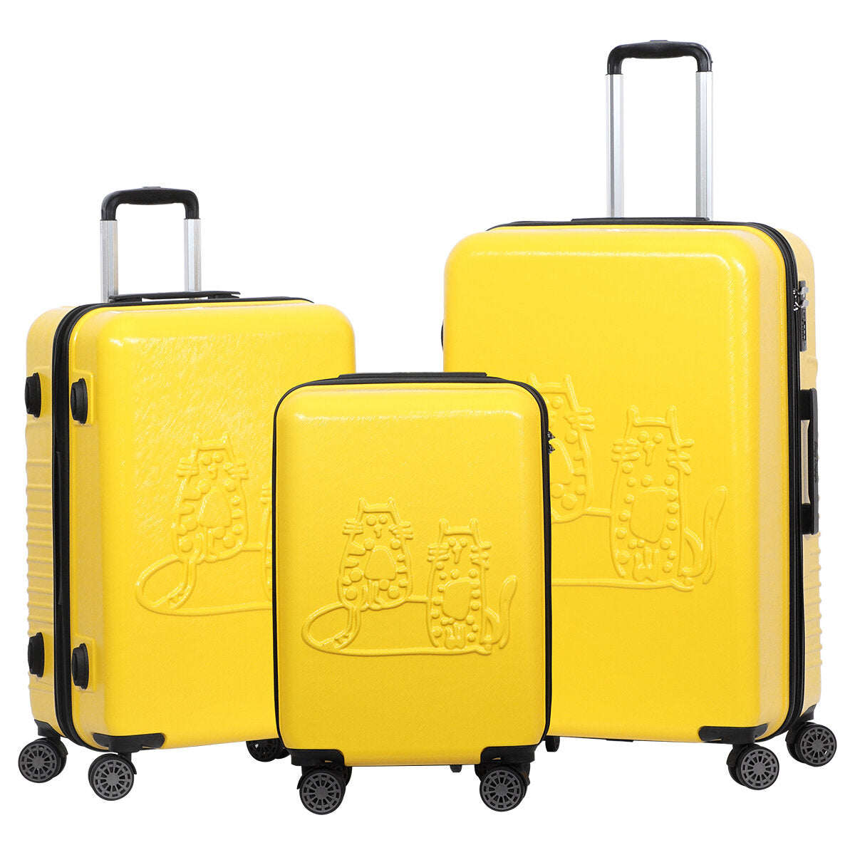 3 Piece Biggdesign "Cats" Hardshell Spinner Luggage Set, Yellow.