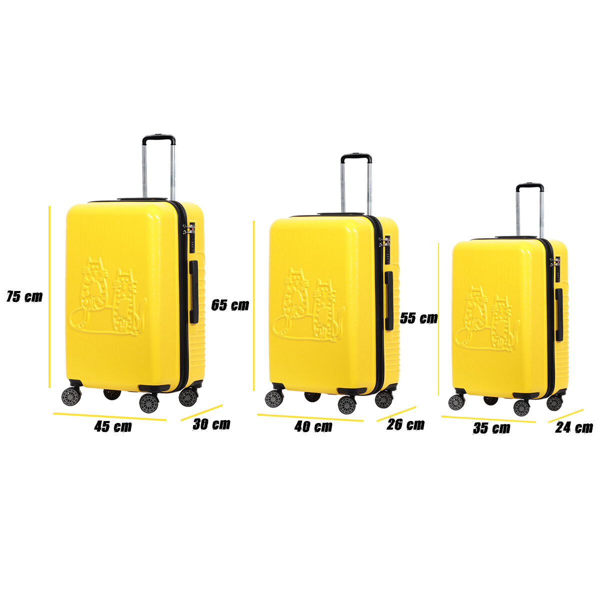 3 Piece Biggdesign "Cats" Hardshell Spinner Luggage Set, Yellow.