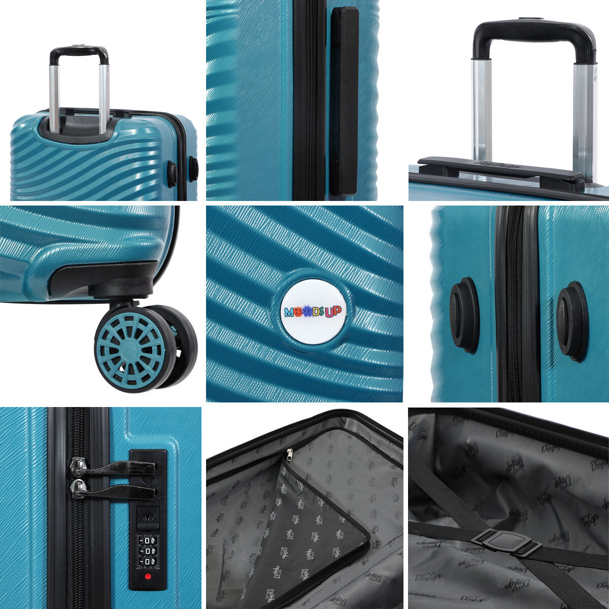 3 Pieces Biggdesign "Moods Up" Hard Luggage Sets With Spinner Wheels, Steel Blue.