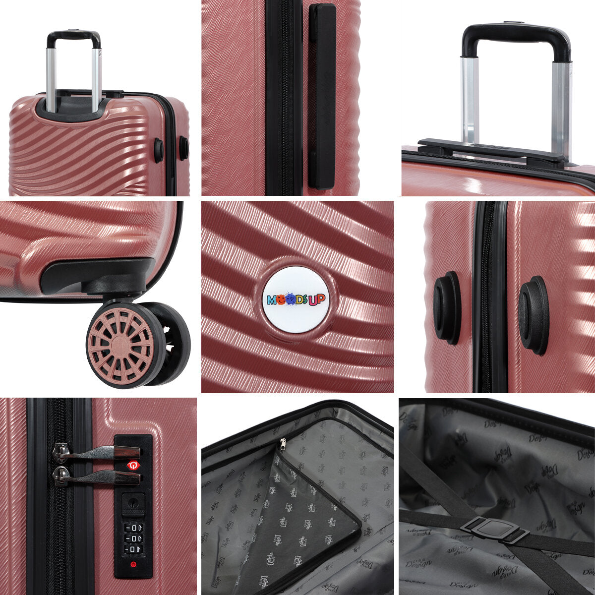 3 Piece Biggdesign "Moods Up" Hard Luggage Sets With Spinner Wheels, Rosegold.