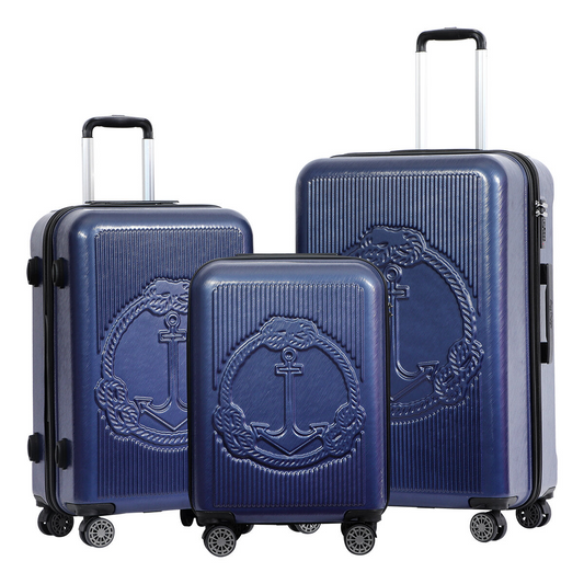 3 Piece Biggdesign "Ocean" Hardshell Spinner Luggage Set, Navy Blue.