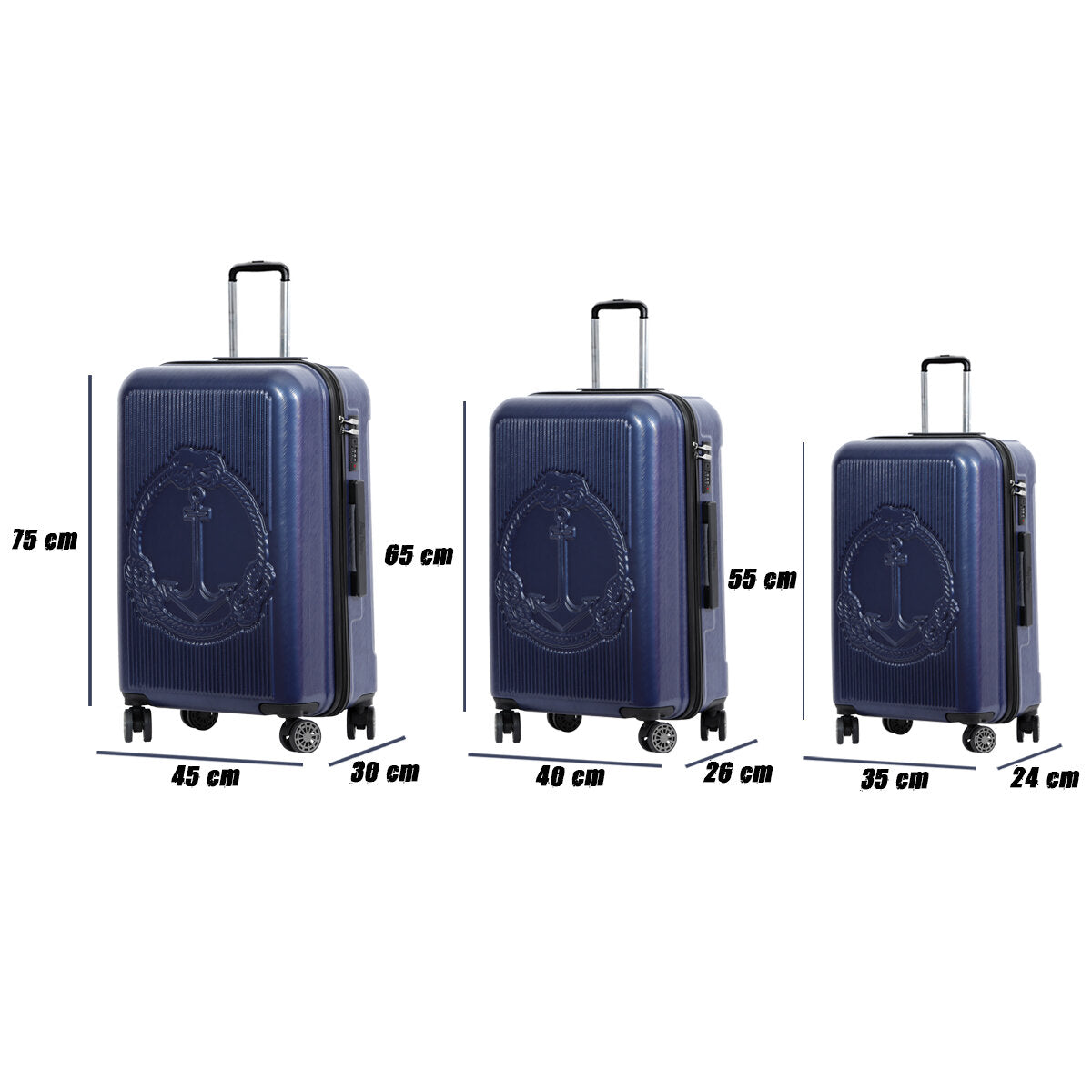 3 Piece Biggdesign "Ocean" Hardshell Spinner Luggage Set, Navy Blue.