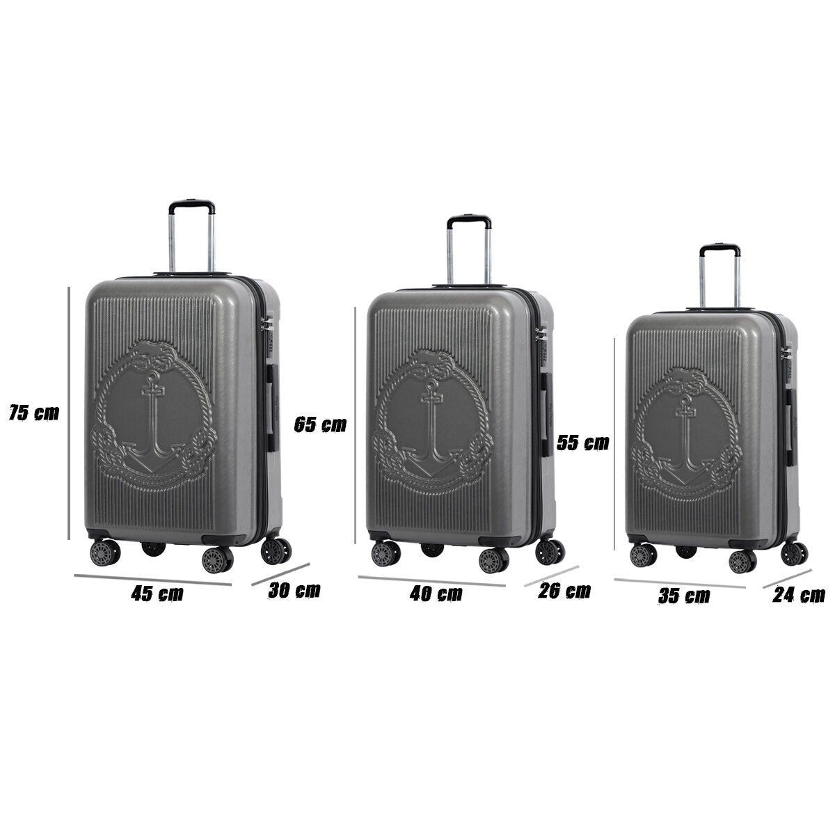 3 Piece Biggdesign "Ocean" Hardshell Spinner Luggage Set, Gray.