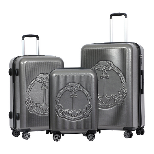 3 Piece Biggdesign "Ocean" Hardshell Spinner Luggage Set, Gray.