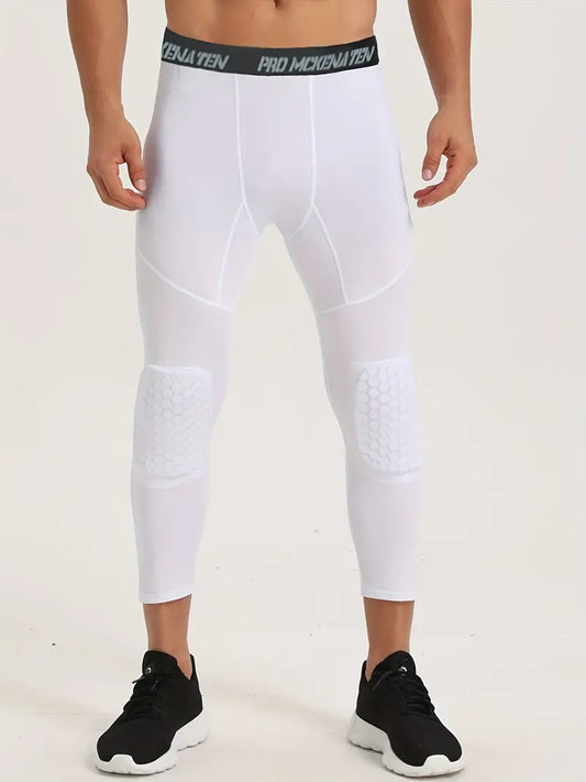 High Stretch Compression Leggins with Honeycomb Knee Pads-White