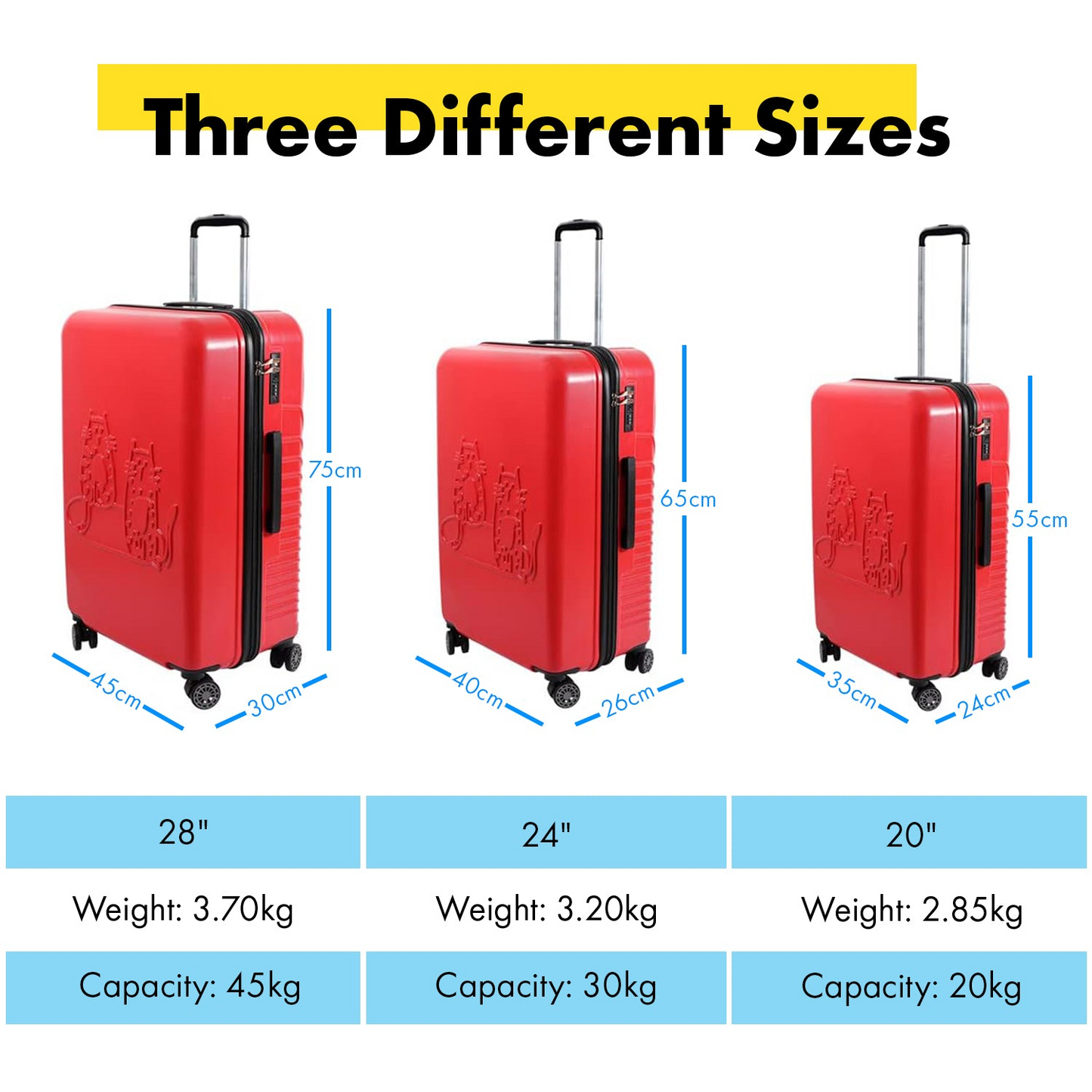 3 Piece Biggdesign "Cats" Hardshell Spinner Luggage Set, Red