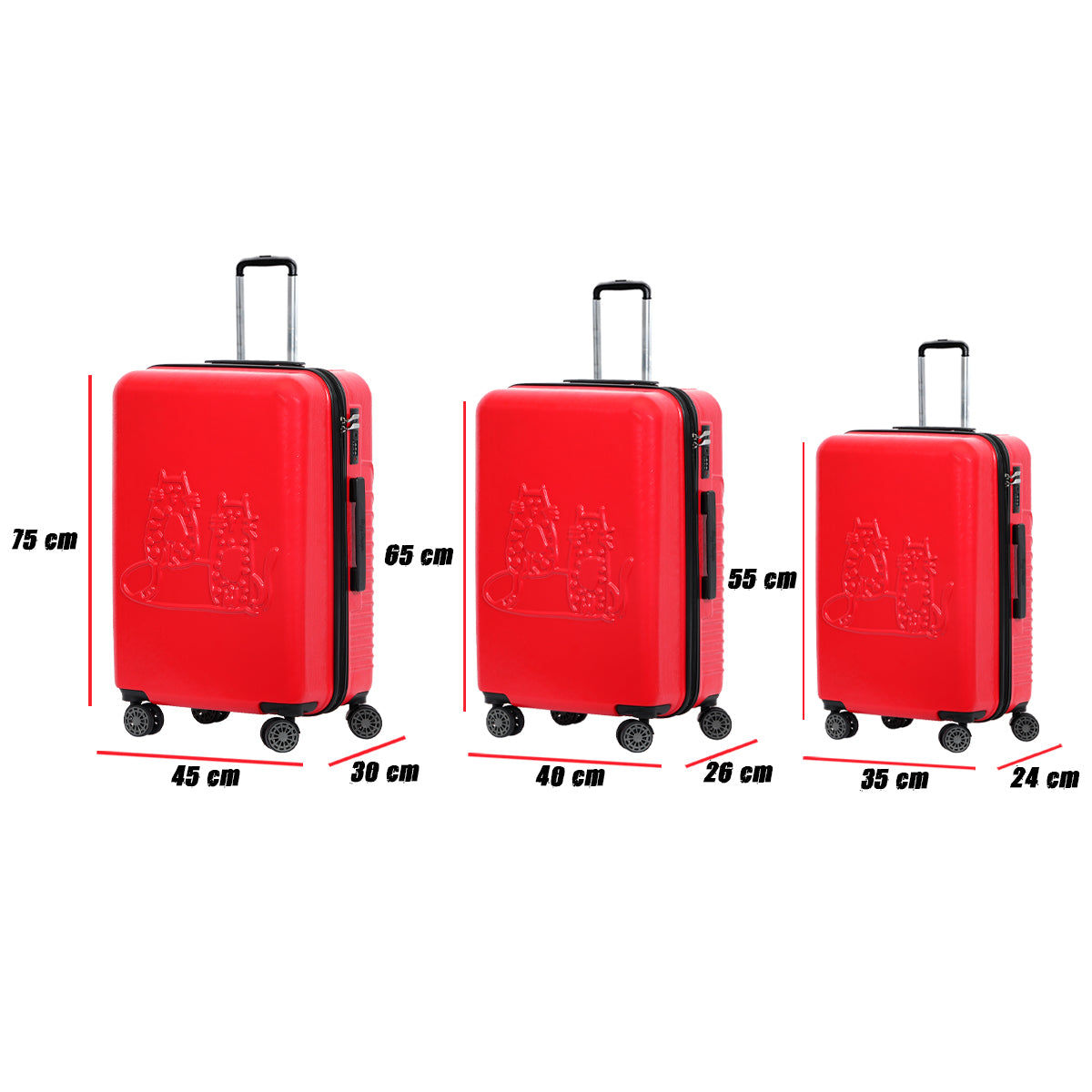 3 Piece Biggdesign "Cats" Hardshell Spinner Luggage Set, Red