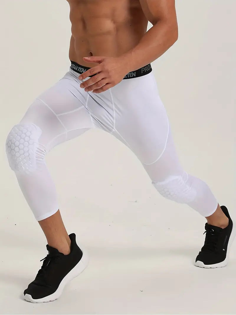 High Stretch Compression Leggins with Honeycomb Knee Pads-White