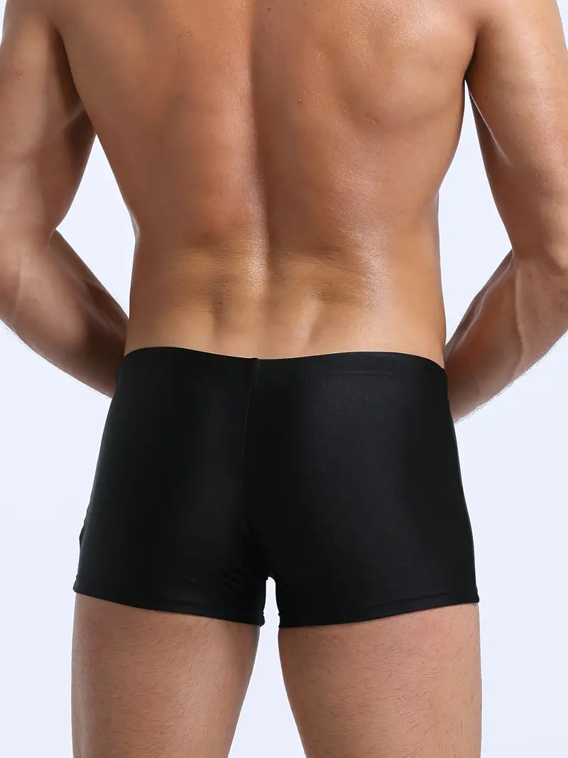 Men's Solid Boxer Sports Swimming Trunks - Black